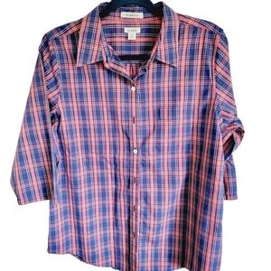 L.L. Bean Women's‎ M Plaid Elbow Sleeve Button Up Casual Blouse No Iron Cotton